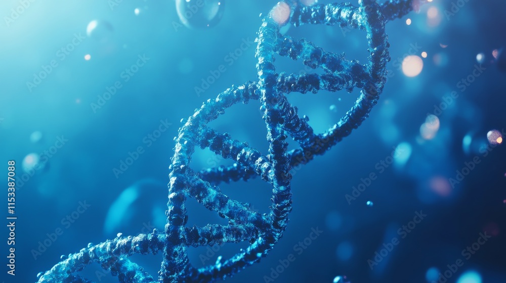 Poster a dark, moody image of a dna strand floating in a deep blue environment, illuminated by soft lightin