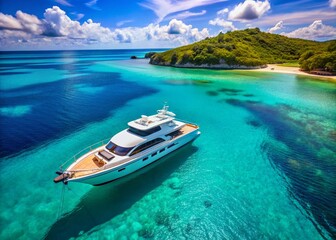 Aerial Drone Shot: Luxury Powerboat Anchored in Turquoise Waters