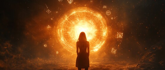 A sorceress casting a spell to create a glowing miniature sun, with rays of light piercing through the darkness and magical symbols floating around it