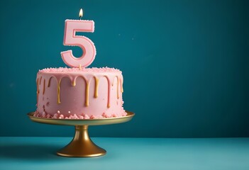 A pink frosted birthday cake with a large number 5 candle on top, sitting on a gold cake stand against a teal blue background