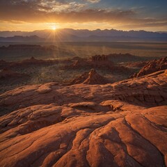 Naklejka premium A wide, open desert landscape with red sandstone formations and the sun setting behind distant mountains.