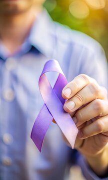 A man in a light blue shirt holds a lavender ribbon, symbolizing cancer awareness. The vibrant background enhances the significance of the ribbon, representing hope, solidarity, and advocacy for cance