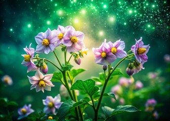 Surreal Potato Flowers Bloom Against Green Collar Background - Ethereal Botanical Photography