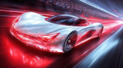 Futuristic white sports car speeding on a red track with blurred audience.