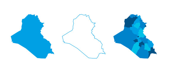 Iraq set of three maps - solid map, outline map and map highlighting administrative divisions. Three distinct maps illustrate various representations of a geographical area.