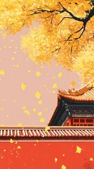 Obraz premium Red wall snd Ginkgo leaf illustration poster background