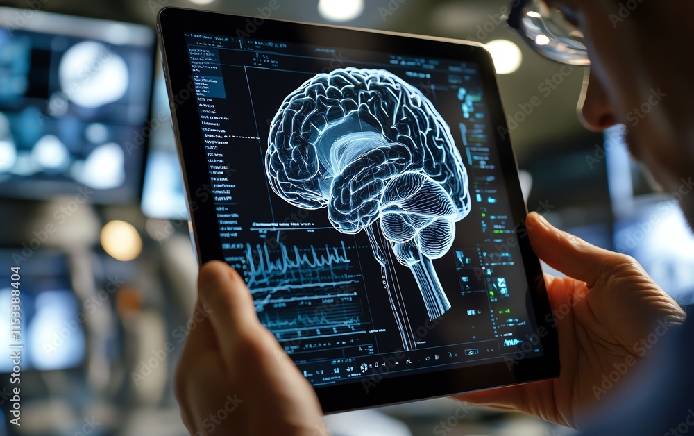 Poster digital tablet in hands showing a 3d model of a human brain and head, against a digital data backdro