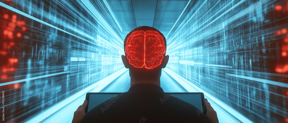 Poster digital tablet in hands with a 3d human head and brain model on screen, set against a futuristic dat