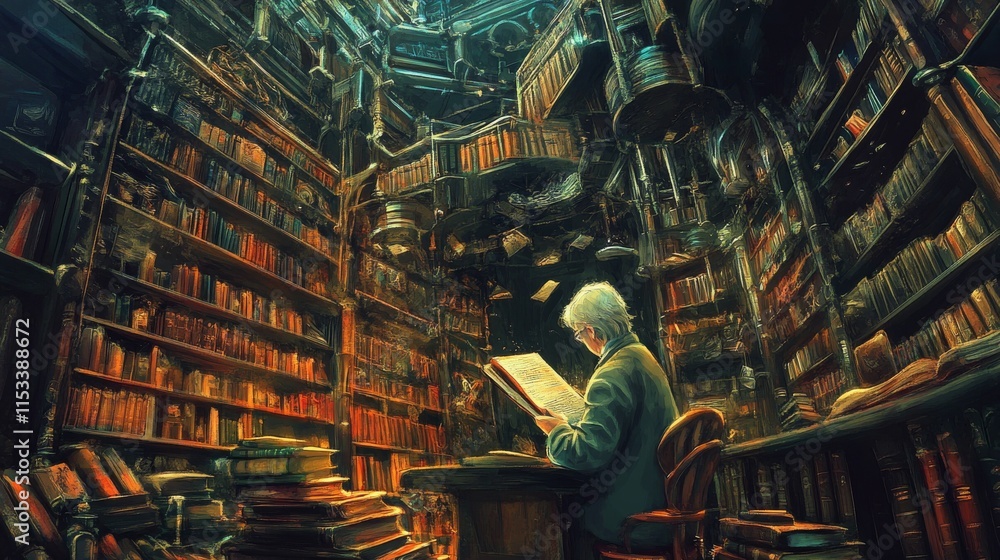 Poster an elderly man reading in an ancient, towering library filled with books. the warm glow from the lig