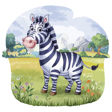 recommend clip art: Watercolor vector of a cartoon zebra animation, isolated on a white background, zebra animation