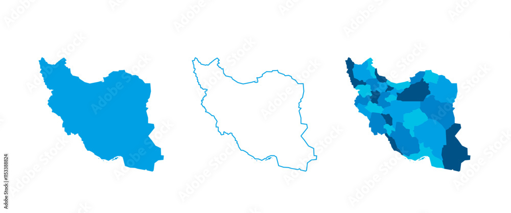 Poster iran set of three maps - solid map, outline map and map highlighting administrative divisions. three