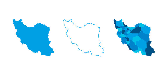Iran set of three maps - solid map, outline map and map highlighting administrative divisions. Three distinct maps illustrate various representations of a geographical area.