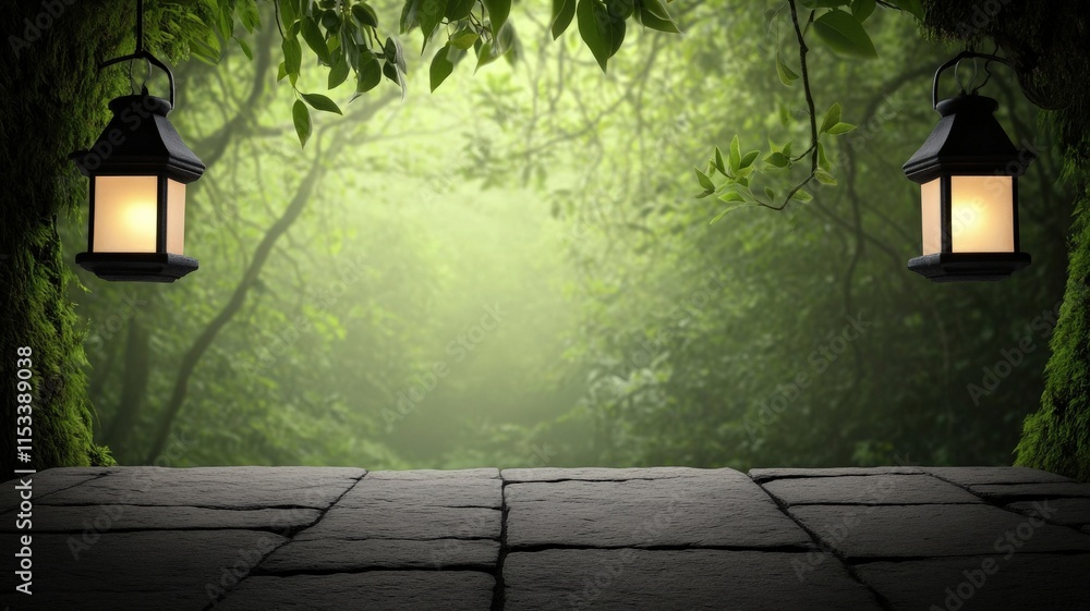 Poster self development wellness concept. lush forest scene with glowing lanterns and stone surface creatin
