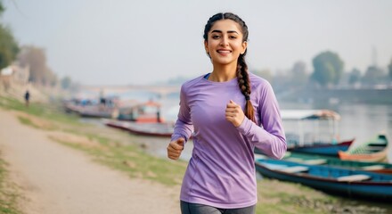 Young asian female jogging by riverside, promoting active lifestyle and fitness enthusiasm