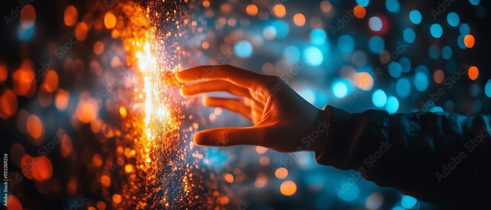 Poster hand reaching out to manipulate a glowing holographic interface, with a bokeh light background, illu