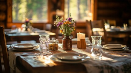 Rustic table setting with wildflowers and sunlight