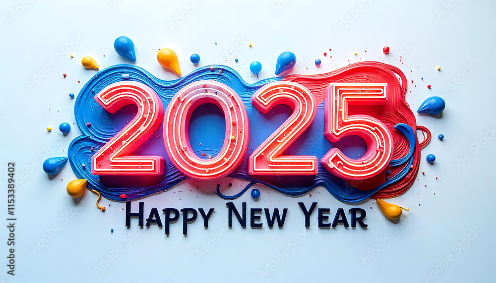 Fototapete Happy New Year 2025, Colorful 2025 text with abstract shapes and patterns, Happy New Year text, white background, Banner template for 2025 header, 2025 celebration template created with generative ai