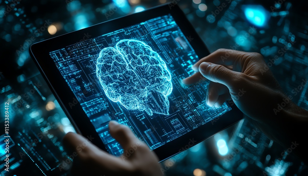 Poster hands holding a digital tablet with a 3d model of a human head and brain, against a futuristic data 
