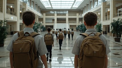 A group of children with backpacks is walking down a school corridor, embodying the spirit of exploration and education in their daily routine