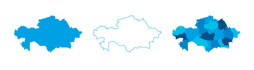 Kazakhstan set of three maps - solid map, outline map and map highlighting administrative divisions. Three distinct maps illustrate various representations of a geographical area.