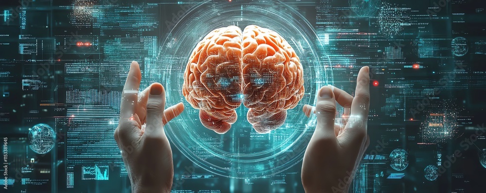 Poster hands holding a digital tablet with a 3d model of a human head and brain, against a futuristic data 