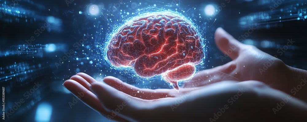 Poster hands holding a digital tablet with a 3d model of a human head and brain, against a futuristic data 