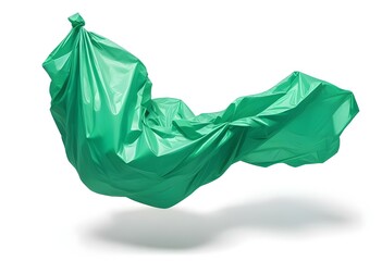 A crumpled green plastic bag floating in the air, with the material creating abstract and organic shapes against a plain white background