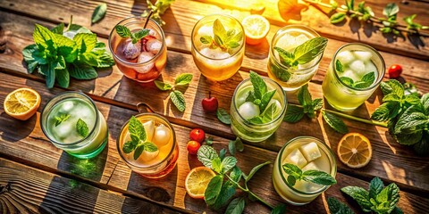 Aerial View: Refreshing Summer Mint Cocktails on Rustic Wooden Table