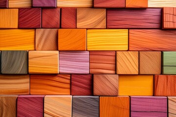 Colorful wooden blocks arranged in a brick-like pattern, showcasing various wood grains and shades.