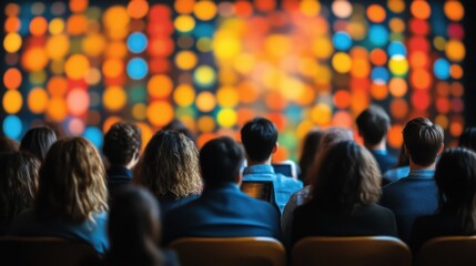 Audience watching colorful bokeh lights on screen.