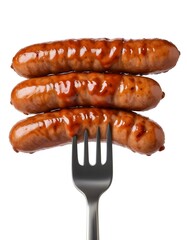 Three grilled sausages on a fork, with a tomato-based sauce or glaze on the sausages