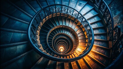 Surreal Top-Down View of a Dark, Winding Staircase Descending into Mystery