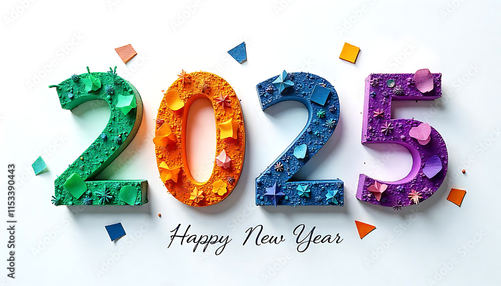 Fototapete Happy New Year 2025, Colorful 2025 text with abstract shapes and patterns, Happy New Year text, white background, Banner template for 2025 header, 2025 celebration template created with generative ai
