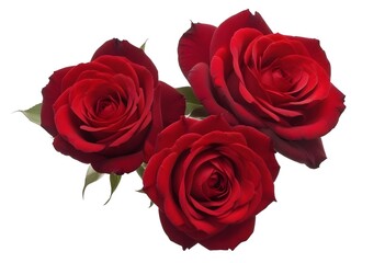 Fototapeta premium Three large, vibrant red roses with lush, velvety petals against a plain white background