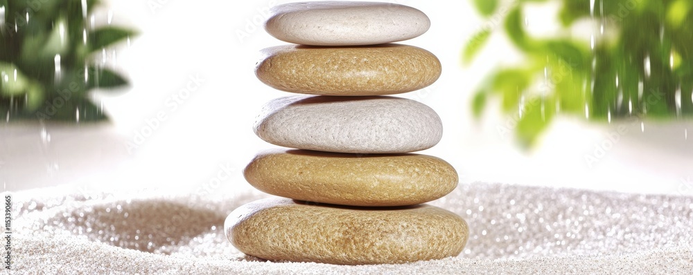 Poster self development wellness concept. stacked pebbles on sand with greenery, creating a serene and tran