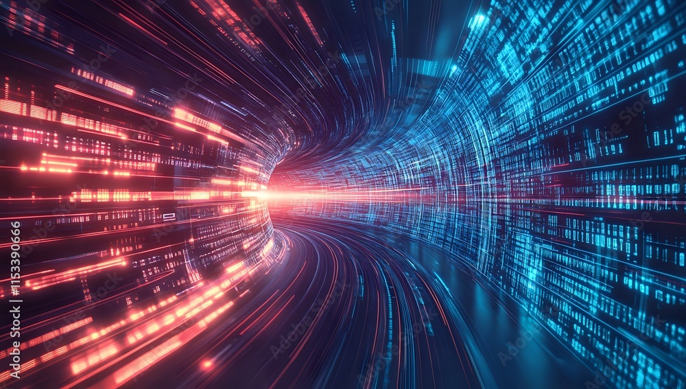 Aufkleber digital data streams through a futuristic tunnel, highlighting speed and innovation in cyberspace
