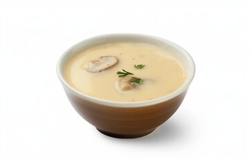 Mysterious Possibilities, Catalina de la Coca formulates suspects, a still life food product shot of cream of mushroom soup with herbs in a white bowl on an isolated background