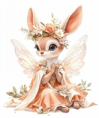 Charming fairy-like creature with delicate wings and floral crown sitting gracefully in soft attire