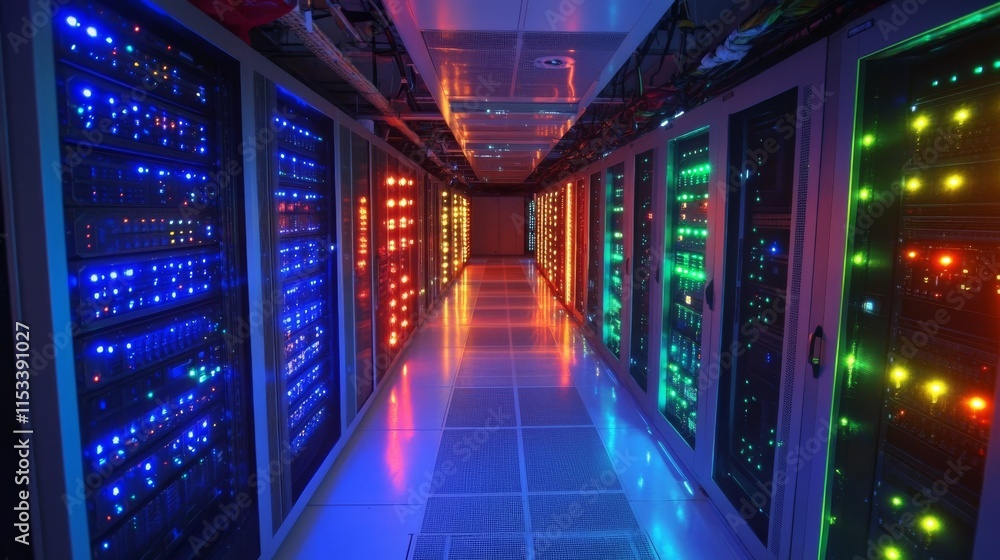 Poster a vibrant server room filled with multi-colored neon lights reflecting off sleek data racks, creatin