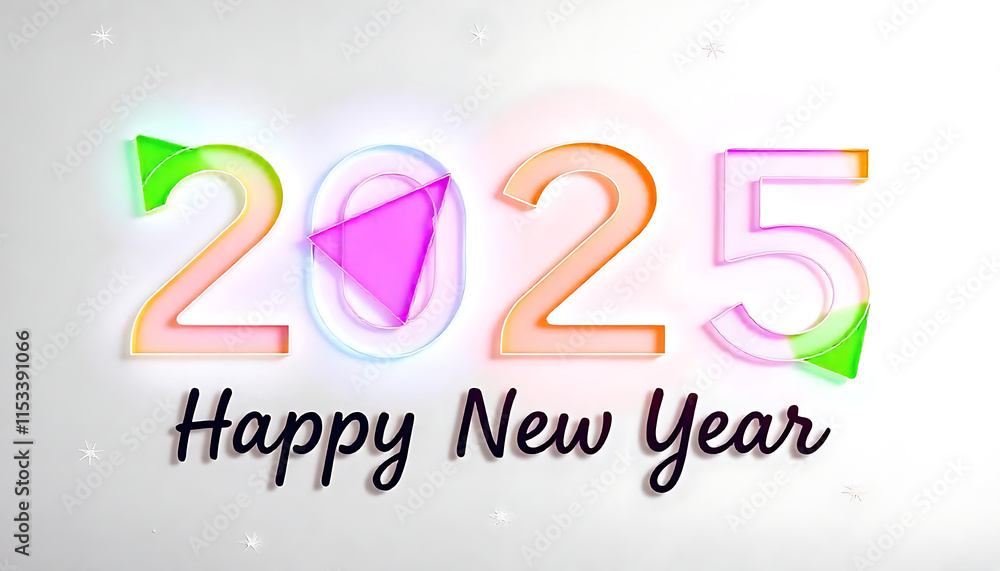 Fototapete Happy New Year 2025, Colorful 2025 text with abstract shapes and patterns, Happy New Year text, white background, Banner template for 2025 header, 2025 celebration template created with generative ai