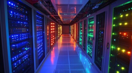 Fototapeta premium A vibrant server room filled with multi-colored neon lights reflecting off sleek data racks, creating a futuristic ambiance. This image conveys advanced technology and the dynamic nature of data