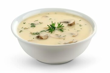 Mysterious Possibilities, Catalina de la Coca formulates suspects, a still life food product shot of cream of mushroom soup with herbs in a white bowl on an isolated background