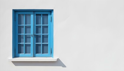 A blue wooden window with a white wall background