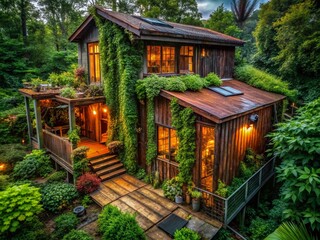 Naklejka premium Sustainable Cabin Home: Urban Exploration Photography - Eco-Friendly Off-Grid Retreat