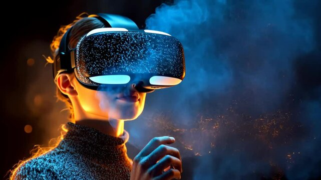 Young Woman in Futuristic Virtual Reality Headset with Sci-Fi Blue and Orange Glow