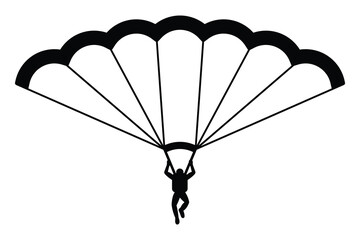 Parachute with skydiver vector icon. Parachutist symbol for extreme sports, adventure, and skydiving activities. Black silhouette isolated on white background.