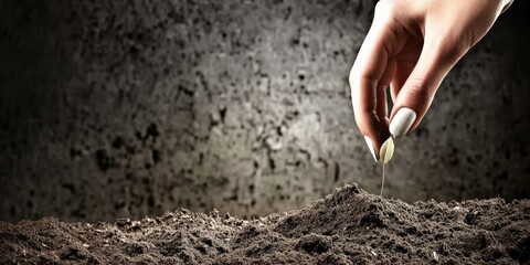 Self development wellness concept. A hand planting a seed into dark soil, symbolizing growth and nurturing nature.