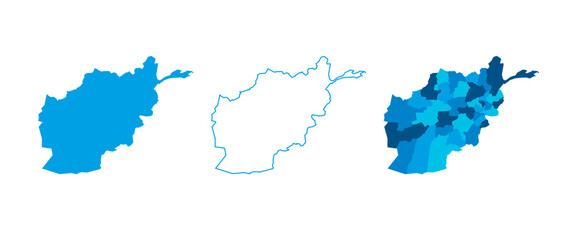 Afghanistan set of three maps - solid map, outline map and map highlighting administrative divisions. Three distinct maps illustrate various representations of a geographical area.