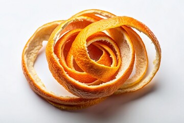 Fototapeta premium Swirly Dried Orange Peel, Top View, Isolated White Background, Low Light Photography