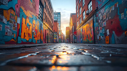 Sunrise in a vibrant graffiti alley.
